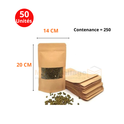 Sachets Doypack kraft avec fenêtre transparente 20x14cm