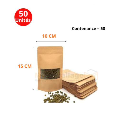 Sachets Doypack kraft avec fenêtre transparente 15x10cm